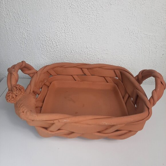 VTG Terra Cotta Woven 12" Basket MADE IN ITALY 3" High Italian Pottery READ - Picture 1 of 10